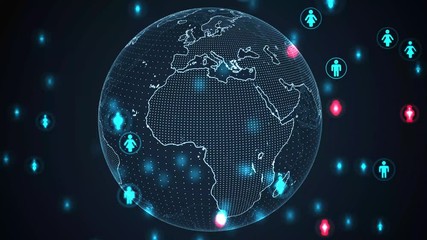 Wall Mural - Many people above spinning Earth globe. Social network concept. Looping animation.
