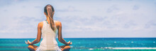 Yoga Meditation Wellness Woman Meditating On Morning Sunrise Beach Background In Peace And Zen Positive Attitude Panoramic Banner. Active Sport And Fitness Lifestyle Image.