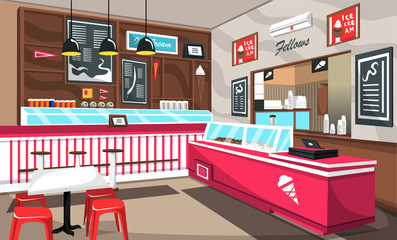 ice cream cafe with colorful decoration, ceiling lamps, storefront, cashier machine, air conditioner