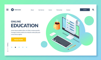 Online education and study. Landing page or banner design template. Vector 3d isometric illustration.