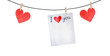 Love garland with hearts, clothespins and paper note with English words: 