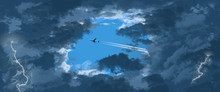 A Jet Airliner Is Seen Through An Opening In Darkening Clouds As It Flies Across An Otherwise Blue Sky.