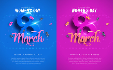 Wall Mural - 8 March. International Women's Day. Happy Mother's Day. Number 8 with ribbon text and confetti on background. Vector Illustration.