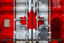 Close-up Of The Container With The National Flag Of Canada. The Concept Of Export-import Canada And The National Delivery Of Goods.