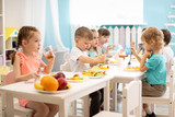 Fototapeta Koty - Group of children eating healthy food in day care centre
