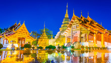Pagoda Golden At Night In Wat Pra Sing,Chiangmai Thailand.