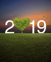 Tree in the shape of heart love with 2019 text on green grass field over sunset sky with birds, Happy valentines day 2019 cover concept