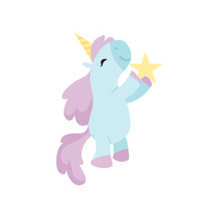  Beautiful Unicorn Standing on Two Legs and Holding Star, Cute Magic Fantasy Animal Vector Illustration