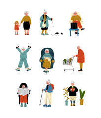 Sticker - Senior People Daily Activity Set, Elderly Men and Women Reading, Traveling, Shopping, Doing Sports, Caring Plants Vector Illustration