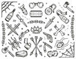 Old school tattoos set. Black icons: knifes, bones, bombs, pistols. Hand drawn dotwork isolated illustration. Eps10 vector