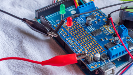 Wall Mural - Microcontroller build closeup showing components, board and shield