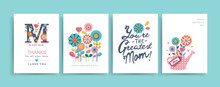 Set Of Mother's Day Greeting Cards With Paper Cut Flowers And Typography
