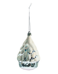 Hanging christmas bauble, snowy house, old soviet, USSR, isolated on white background