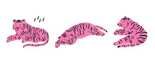 Pink Tiger Lies In Three Various Poses. Hand Drawn Vector Set. All Elements Are Isolated 