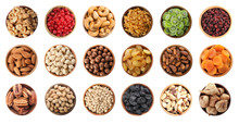 Set Of Bowls With Healthy Dried Fruits And Tasty Nuts On White Background, Flat Lay