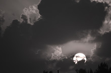 The White Orb Of The Rising Sun Is Seen Through Dark And Pale Clouds. The Tops Of Some Trees Can Be Seen At The Bottom Of The Scene. The Phoot Is In Black And White.