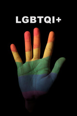 Sticker - text LGBTQI+ and rainbow flag on a hand