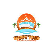 Happy Tour And Travel Illustrative Logo Badge In Fun Colorful Cartoon Style Icon Design