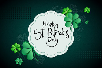 Vector illustration of saint patricks day greetings banner template with hand lettering label - happy st. patrick's day- with paper origami clover leaves