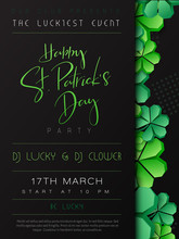 Vector Illustration Of Saint Patricks Day Invitation Party Poster Template With Hand Lettering Label - Happy St. Patrick's Day- With Paper Origami Clover Leaves