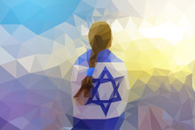Patriot Jewish Girl Standing With The Flag Of Israel Wrapped Around Her. Newcomer Life And Immigration To Israel Concept. Polygonal Illustration