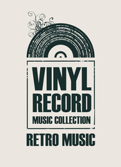 Wall Mural - Vector poster with black vinyl record on the light background in retro style with words Vinyl record, Music collection