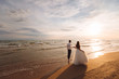 Elegant gorgeous bride and groom walking on ocean beach during sunset time. Romantic walk newlyweds on tropical island