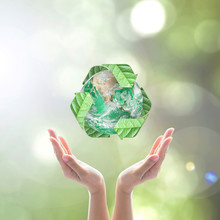 World Environment Day And Ecology Concept With Woman Human Hands Under Green Planet With Recycle Sign. Elements Of This Image Furnished By NASA