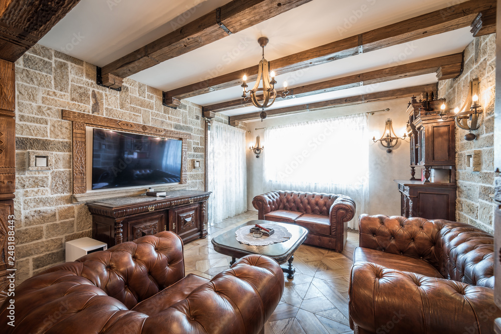Leather seating set in luxury living room interior Stock Photo | Adobe ...