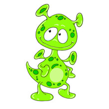 Funny Cartoon Character Green Alien. Fantastic Creature. Vector Drawing Guest From Space. Cute Character Isolated On White Background. Postcard Element.
