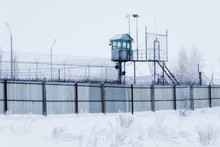 Prison Guarding Tower, Fence With Barbed Wire