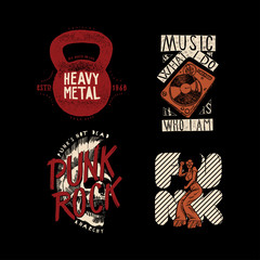 Wall Mural - Music t-shirt print: Heavy metal - kettlebell, music is what i do - turntable, punk rock skull, funk girl