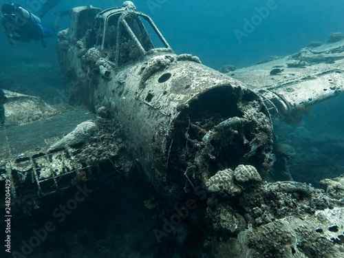 Fotomural Jake Seaplane Wreck Sits on Ocean Floor with Diver Swimming by