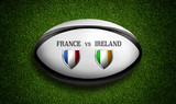 Fototapeta Kosmos - Rugby Match schedule, France vs Ireland, flags of countries and rugby ball - 3D rendering