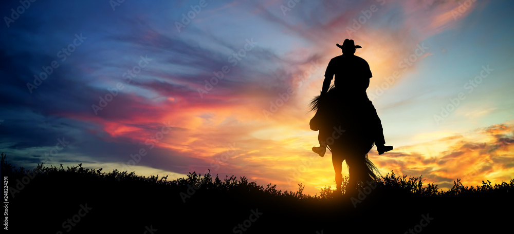 Cowboy on a horse at sunset - obrazy, fototapety, plakaty 
