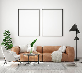 mock up poster frame in modern interior background, living room, Scandinavian style, 3D render, 3D illustration