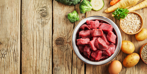 Bowl of chopped raw meat for a dog or cat