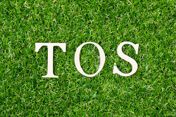 Poster - Wood letter block in word TOS (abbreviation of Terms Of Service) on artificial green grass background