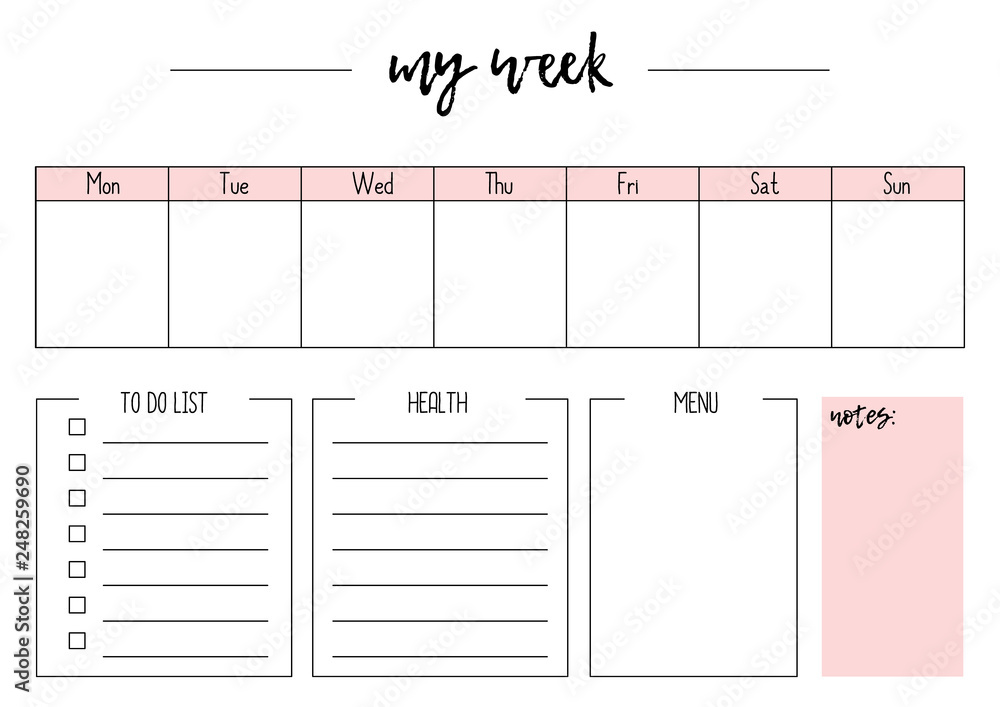 Cute vector weekly planner A4, page for notebook, diary, organiser, book. - obrazy, fototapety, plakaty 
