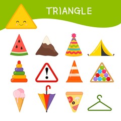  Materials for kids learning forms. A set of triangle shaped objects 