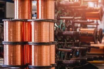 Production of copper wire, bronze cable in reels at factory