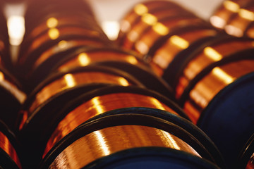 Production of copper wire, bronze cable in reels at factory