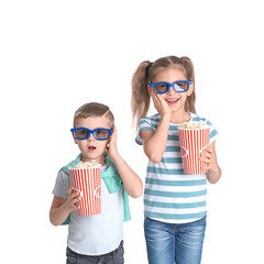 Canvas Print - Cute children with popcorn and glasses on white background