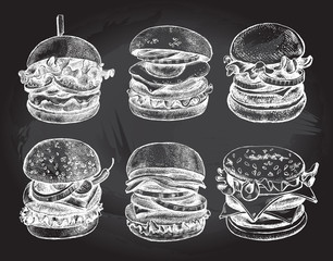 Ink hand drawn set of various burgers with vegetables, eggs, lettuce, onion rings. Food elements collection for menu or signboard design. Vector illustration.