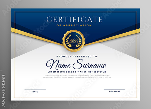 Fotografía elegant blue and gold diploma certificate template