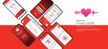	 Different UI, UX, GUI Screens Fitness App And Flat Web Icons For Mobile Apps, Responsive Website Including. Web Design And Mobile Template. Red Trends Design. Fitness Dashboard - Stock Vector