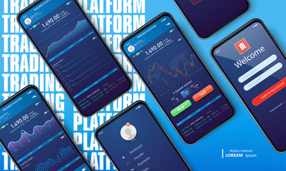 Aufkleber - Mobile app infographic template with modern design. Smartphone mock-up on blue gradient background. Mobile app design concept. Vector 