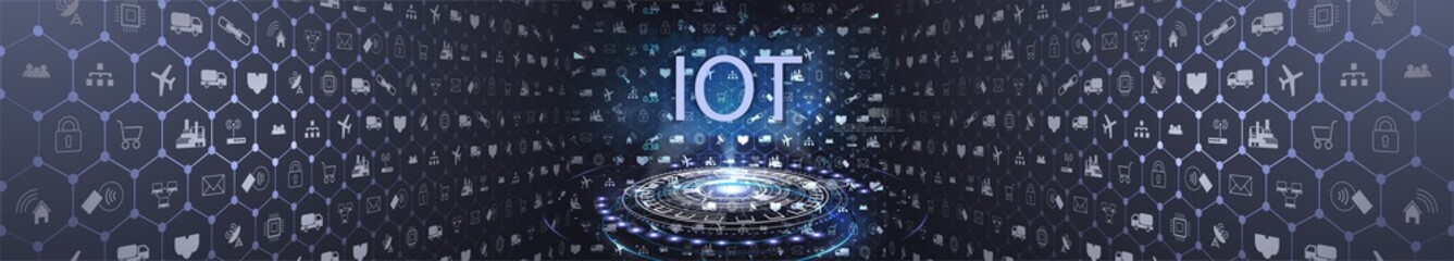 Fototapete - Internet of things (IOT) and networking concept for connected devices. Spider web of network connections with on a futuristic blue background