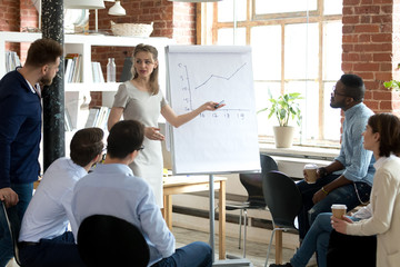 Poster - Female executive leader speaking at meeting giving presentation for team