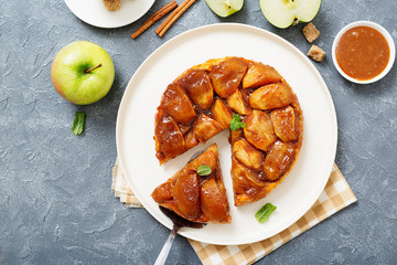 Homemade Apple tart Tatin with caramel sauce.